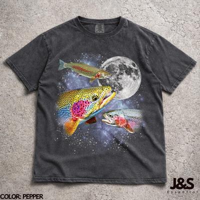 Three Rainbow Trout Moon Shirt, Oncorhynchus Mykiss Galaxy Tee, Fishing Hobbyist Gift, Vintage Wash Retro Fish Top, Angler Lover Graphic