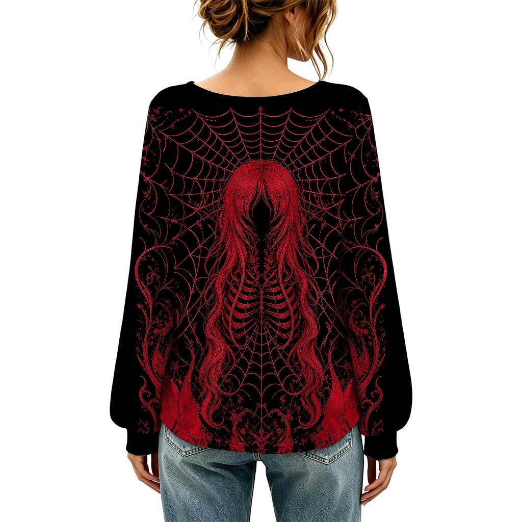 Women's Round Neck Long Sleeve Halloween Print Blouse Top for Party Wear