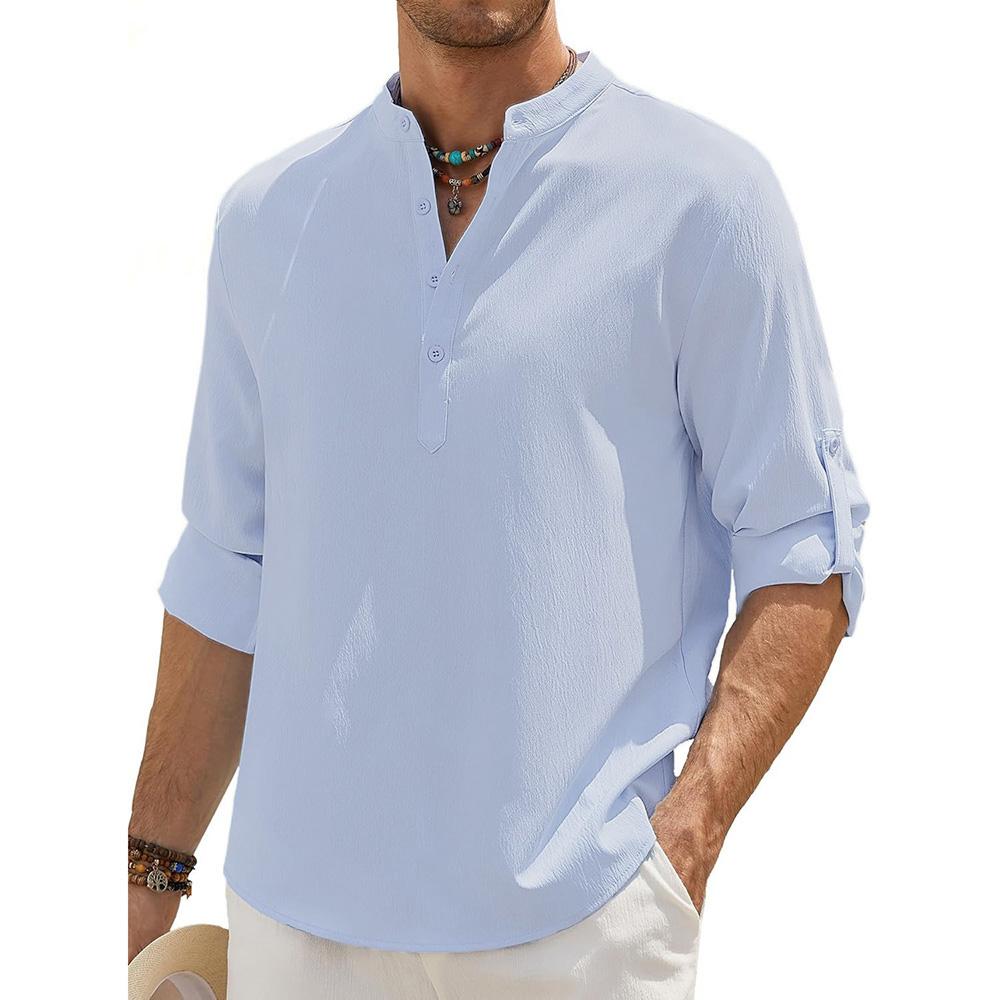 Men's Cotton Linen Long Sleeve Polo Shirt Henley Neck Lightweight Breathable Casual Button Tops Beach Style Simple Male Clothing
