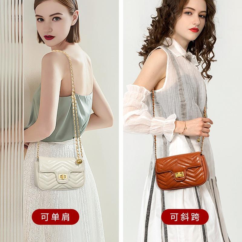New first-layer cowhide women's bag, genuine leather commuting high-end light luxury chain messenger small square bag