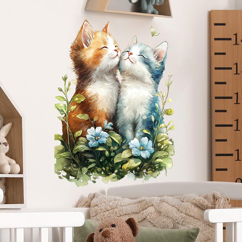Sleeping Cute Cat in Grass Wall Stickers, Self-Adhesive Decor for Bedroom Living Room Study Room Decoration