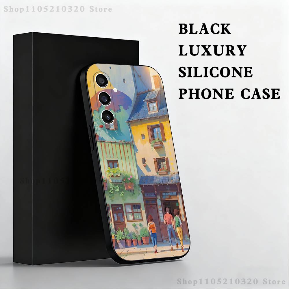 Stylized Houses Painting Phone Case For Samsung S 25,24,23,22,30,21,10,9,Ultra,Plus,Lite,FE,4,5 G Black Soft Case