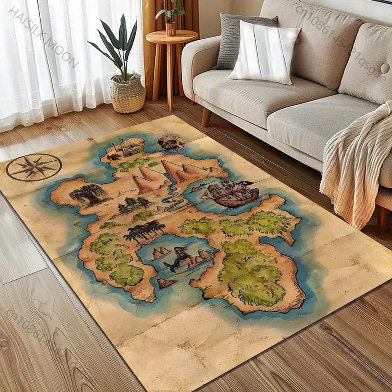 1PC Vintage Pirate Treasure Map Print Carpet for Bedroom Living Room Bedside Sofa Floor Mat Modern Home Decor Area Rug