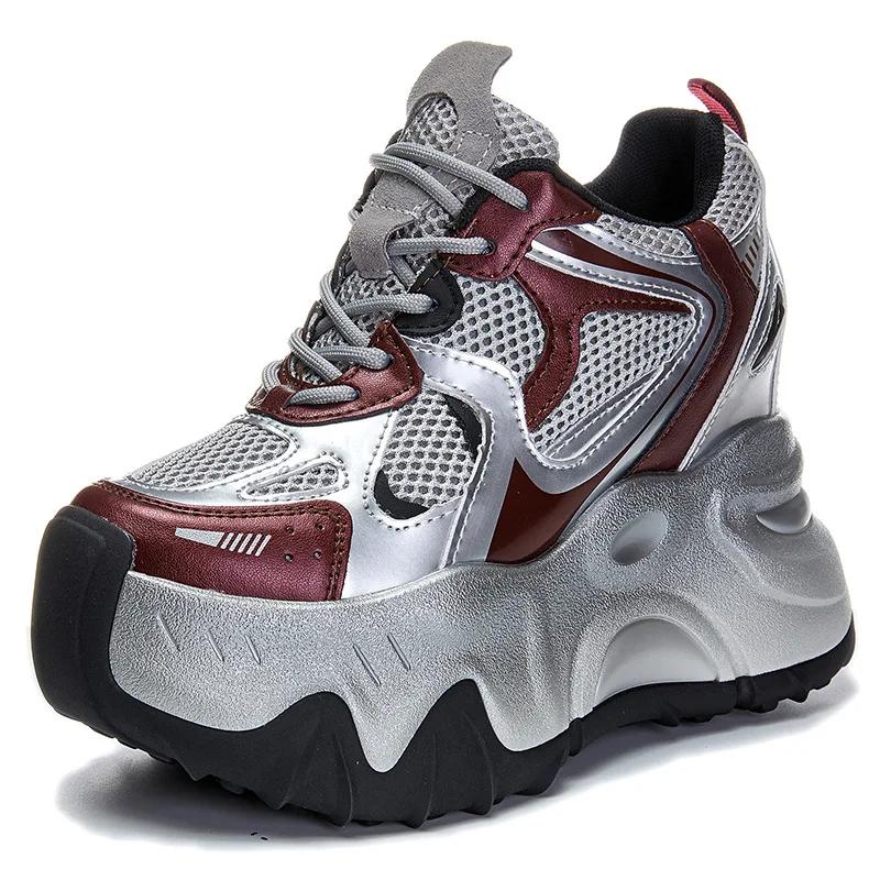 Fashion 12cm Air Mesh Microfiber Synthetic Chunky Sneakers Spring Shoes Leather Ankle Booties Women Vulcanize Boots Autumn