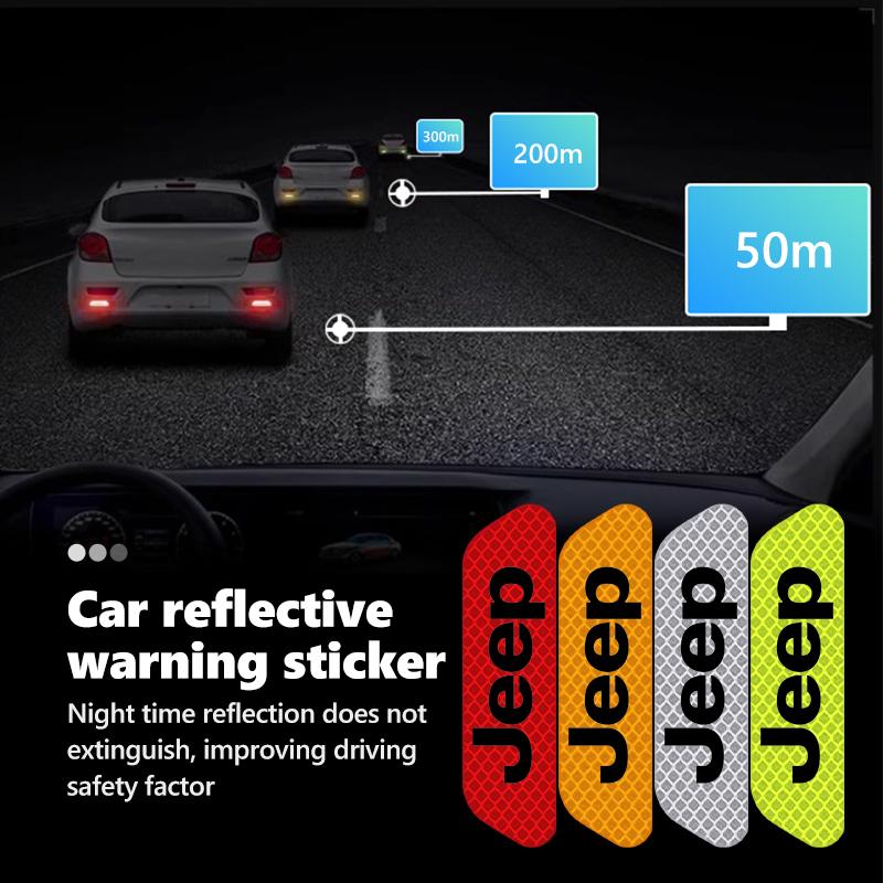 For Jeep 4pcs Car Logo Door Reflective Strips Sticker Security Warning Stickers Accessories Cherokee Wrangler JK Gladiator AJP1