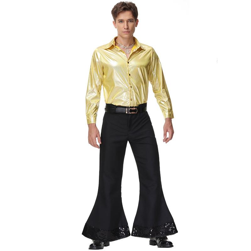 

Adult Men Retro 70s Hippie Disco Singer Dancer Sequins Shirt Top Pants Set Halloween Cosplay Costumes Role Play Outfit XL золотий