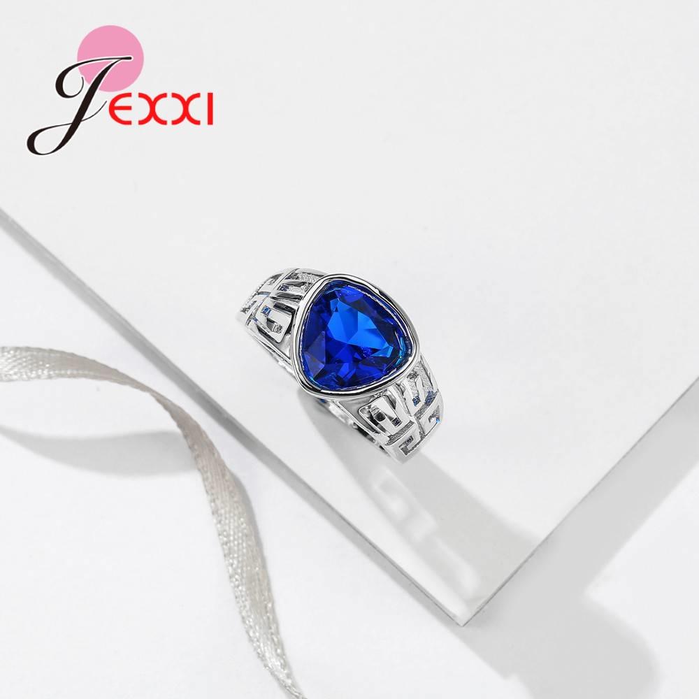 Party Jewelry Delicate 925 Sterling Silver Ring Lovely Triangle Shape Blue Crystal Inlaid Women Girl Engagement Jewelry