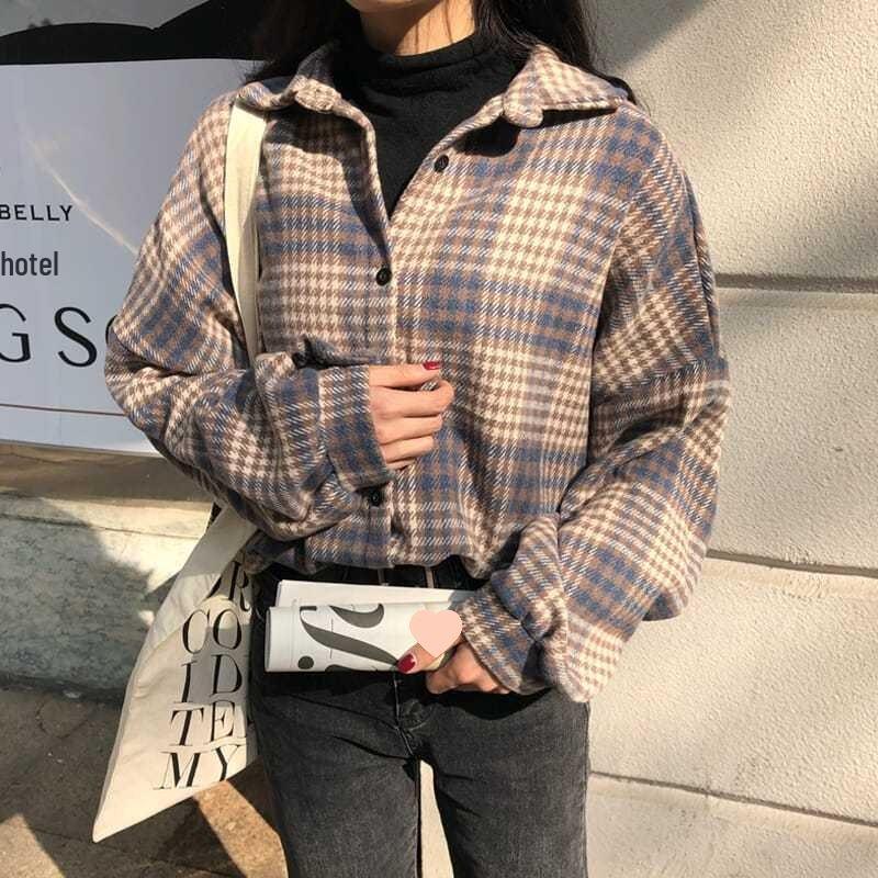 Damen Verdicktes Gebürstetes Karoshirt: Lockere Passform im koreanischen Stil, figurschmeichelnde Langarmbluse für Herbst und Frühling.