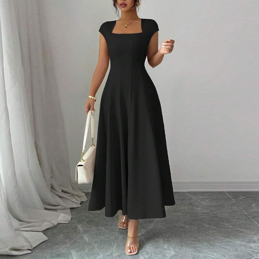 Women's Solid Color Square Neck Slim Fit A-Line Dress Cap Sleeve Midi Length Casual Dress for Daily Wear