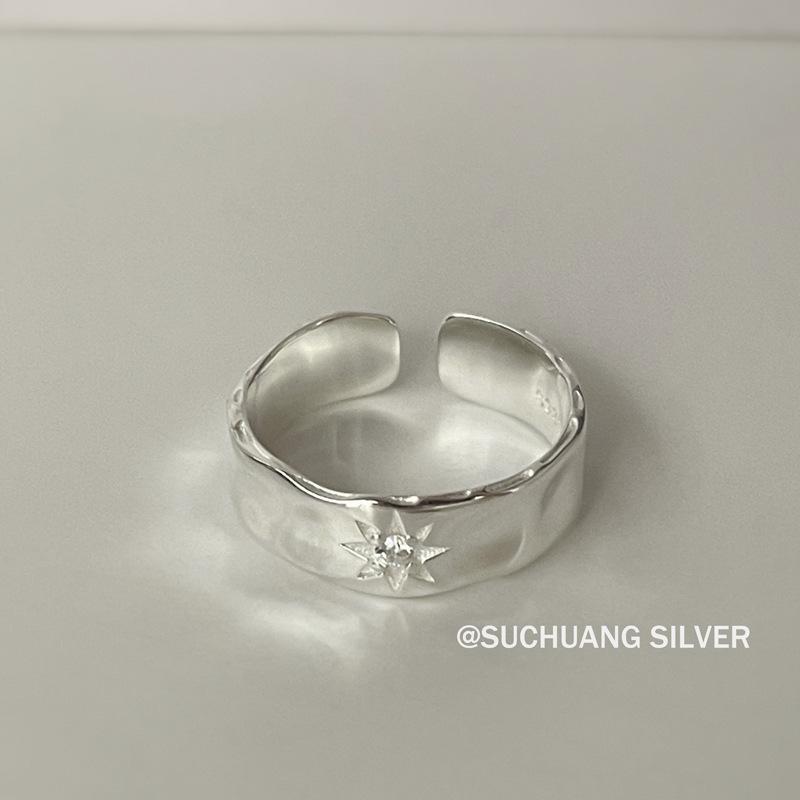 Su Chuang S925 Sterling Silver Starburst Zircon Adjustable Women s Ring - Cool Style Eight-Point Star Design. Adjustable Open