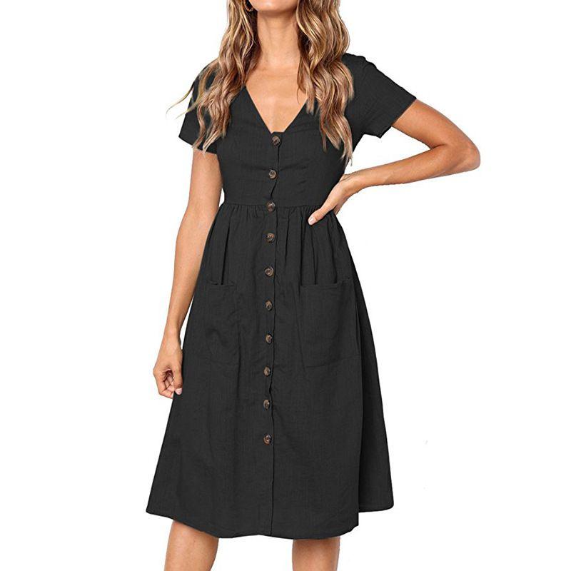 Nrj 2020 Hot Sale V-neck Button-up Short Sleeve Women's Dress With Pockets