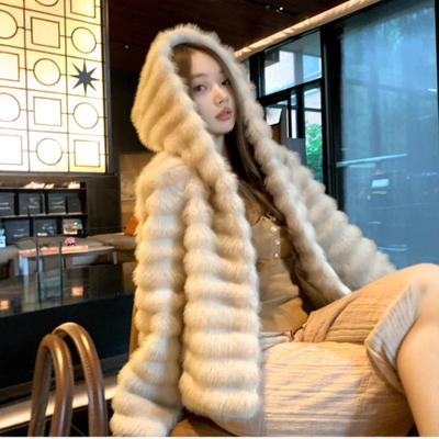Cappotto di pelliccia con cappuccio in pelliccia di volpe in stile coreano, di alta qualità, autunno e inverno, da donna