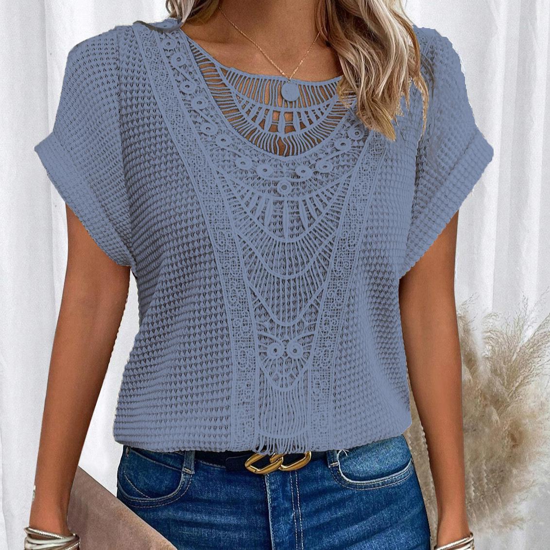 

Жіноча весняно-літня модна одноколірна футболка з коротким рукавом з мереживним швом XXL синій