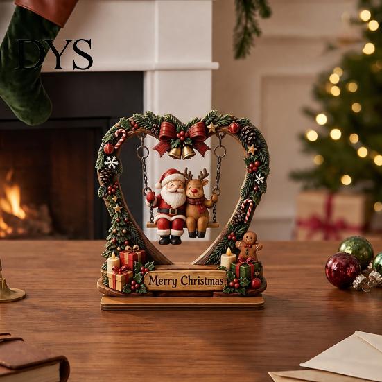 Wooden Heart Shaped Ornaments Christmas Santa Claus Ornament, Vintage 2D Flat Wreath Holiday Home Accents Desktop Plaque, Decoration for Shelf, Table,