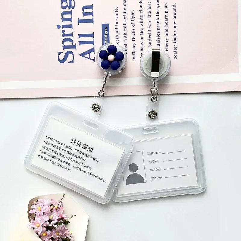 Women Cute Flower Retractable Badge Reel ID Lanyard Name Tag White Collar Badge Holder Reels Keychain Card Holder Accessories