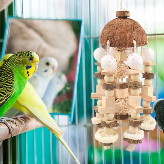 Parrot Chew Toy Coconut Shell Hanging Toy Natural Wooden Blocks Parrot Cage Bite
