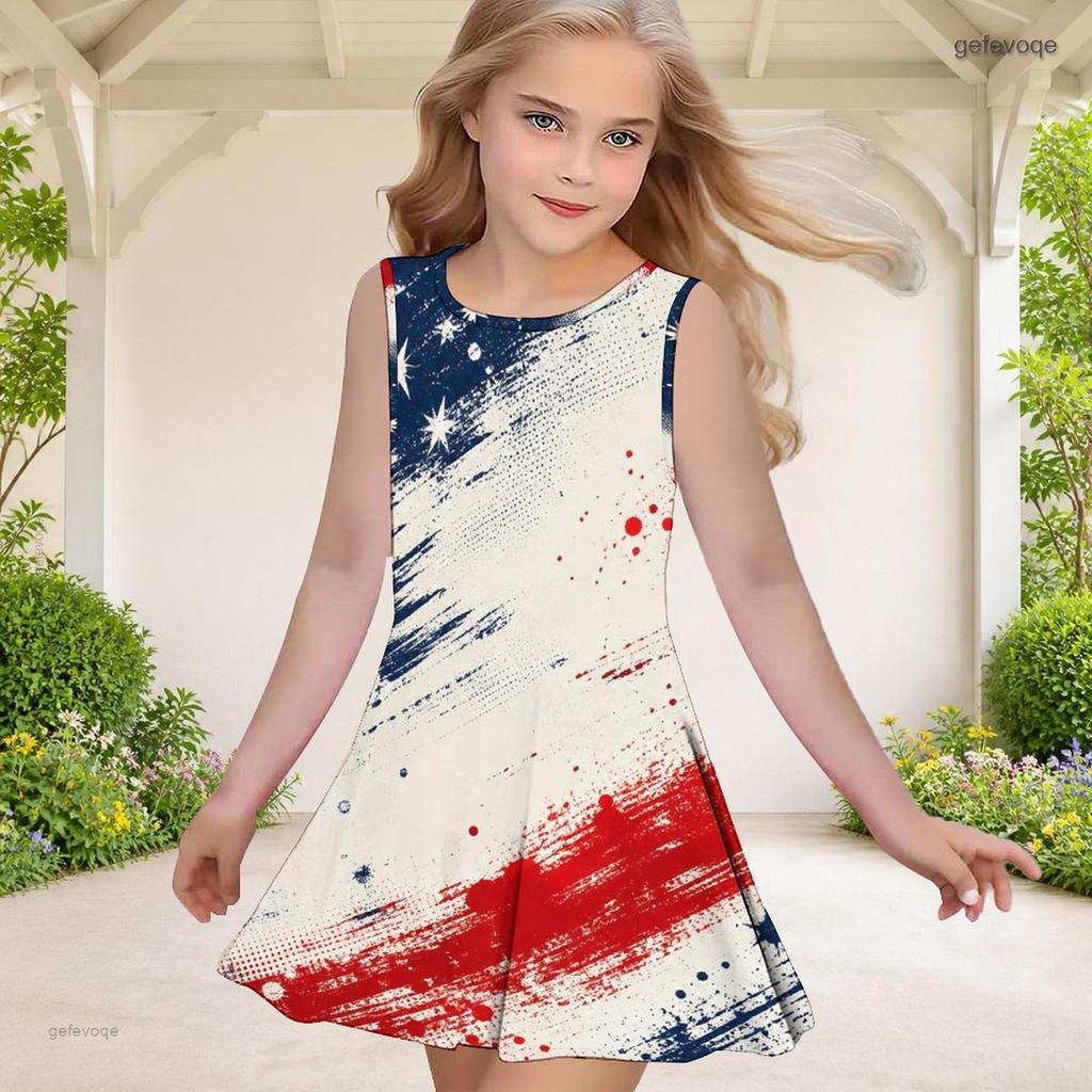 Girls Round Neck Sleeveless A Line Dark Blue Firework Printed Flared Dress