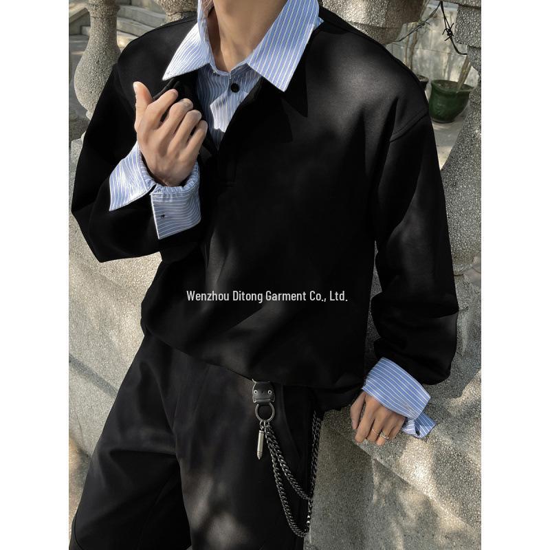 Herren Herbst Gestreiftes Patchwork Sweatshirt - Fake Zweiteiliger Kragen Langarm Streetwear Oberteil