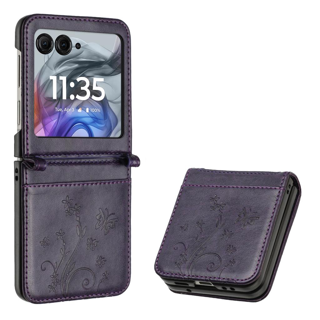 For Motorola Razr 60/50 5G Leather Case Butterfly Flower Imprinted Phone Cover with Strap