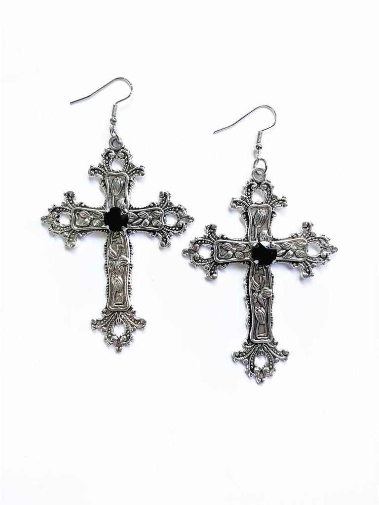Popular Oversized Rhinestone Cross Earrings - Silver Tone Gothic Punk Fashion