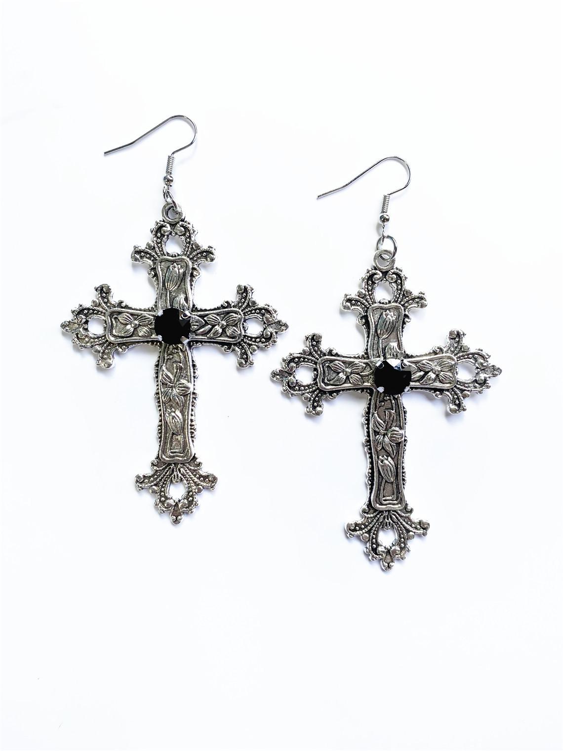 

Gothic Punk Silver Cross Rhinestone Earrings