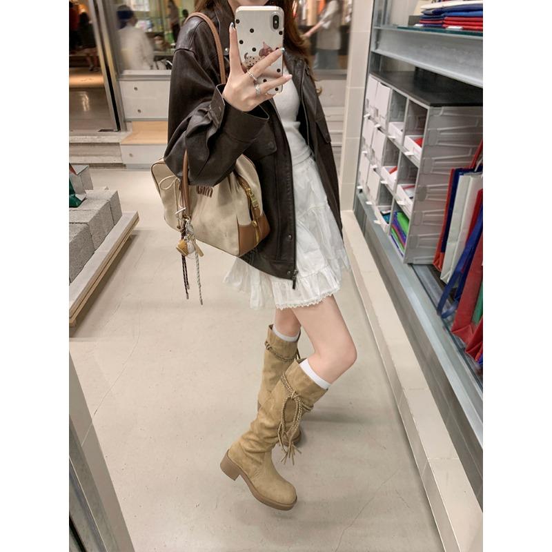 

[] Boots~ Tassel thick heel medium and high boots western cowboy boots women s pile boots 35 хаки