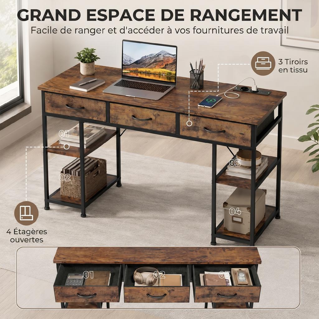 Desk with Storage and Power Outlets, 3 Fabric Drawers, 4 Shelves, 120 x 40 x 76 cm, Brown