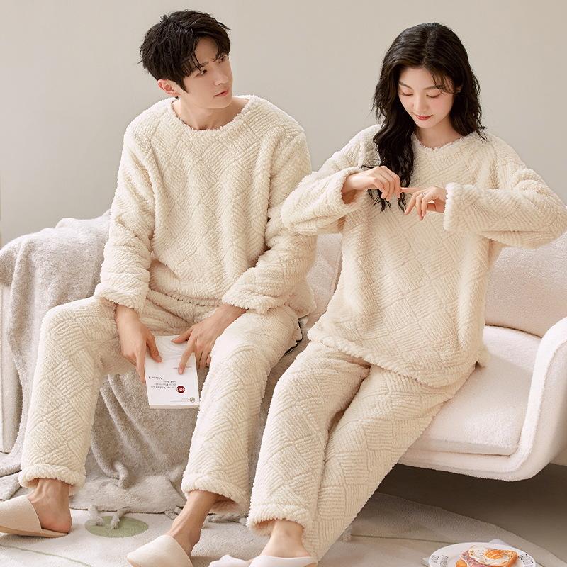 Couples' Cozy Flannel Pajama Set: Women's Plus Velvet, Men's Loose Fit, Warm Coral Fleece Homewear