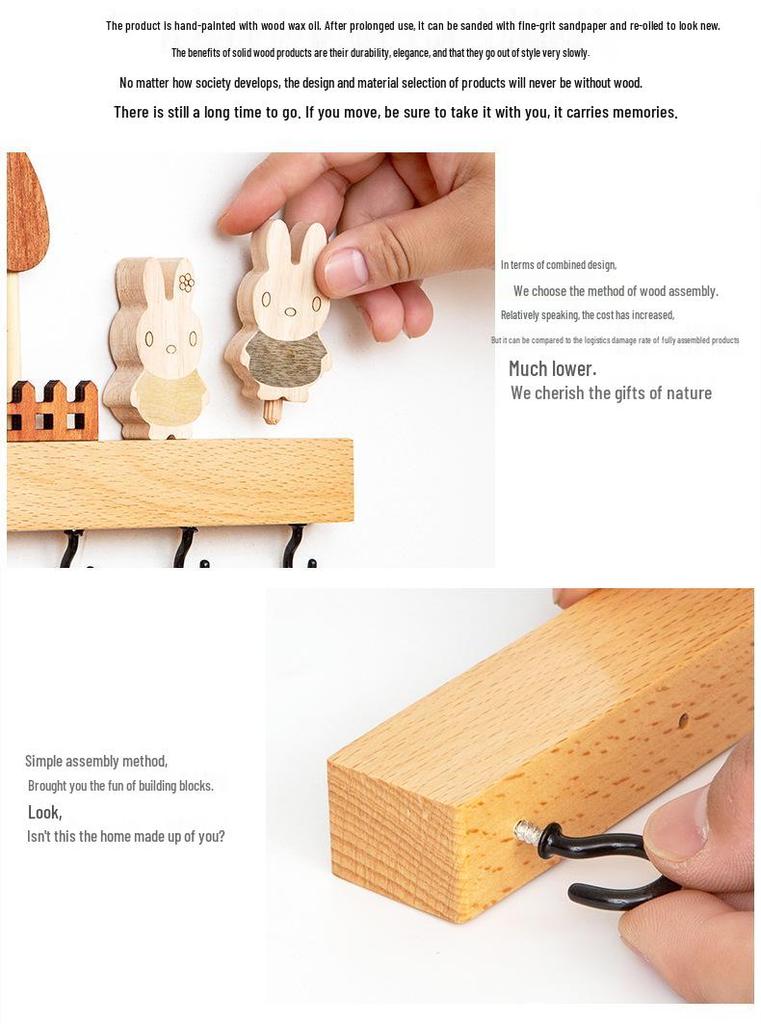Nordic No-Drill Solid Wood Key Hook for Entryway Wall