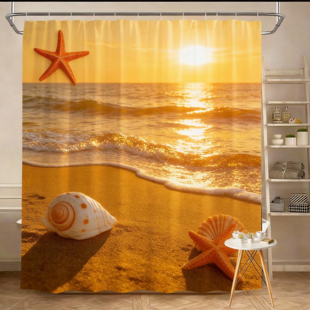 Beach Shower Curtain 180x180cm – Coastal Waves, Sandy Shore & Seashells in Neutral Tones, Ocean Bathroom Decor, 12 Hooks