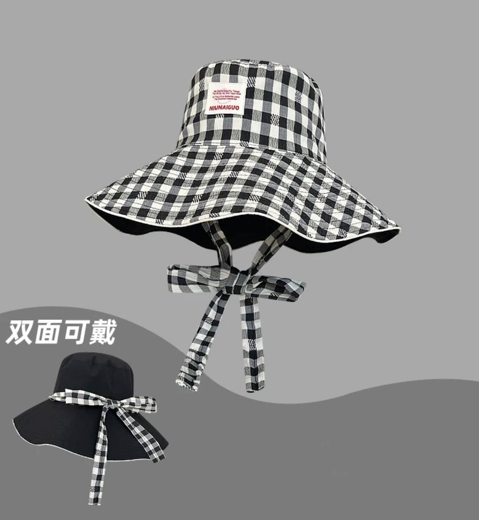 New Korean Style Plaid Lace Up Fisherman Hat For Summer Outdoor Travel With Large Brim And Double-Sided Sun Protection Hat