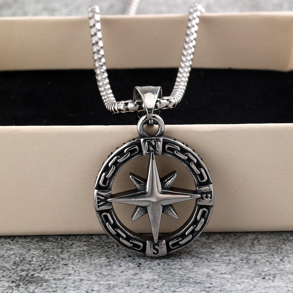Vintage Stainless Steel Compass Pendant Unisex Fashion Necklace Charm