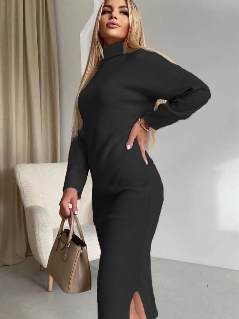 Samt-Rollkragen-Hemd für Damen Herbst und Winter Neues Kleid mit langem Schlitz für Damen