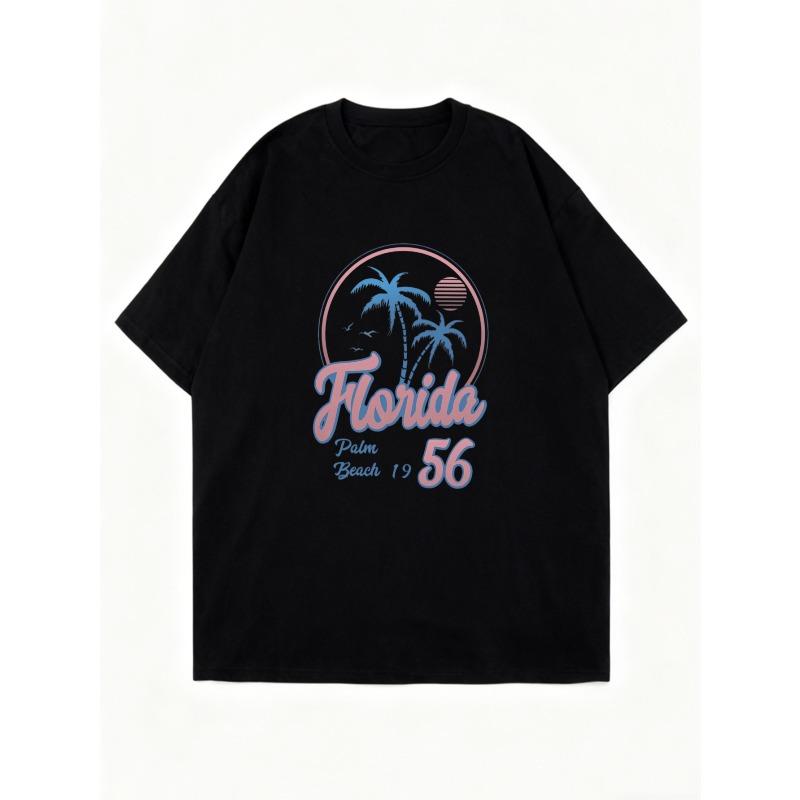 Oversized T-Shirt Black Florida Palm Beach 1956 Tropical Palm Trees And Sunset Graphic Summer Vacation Wear