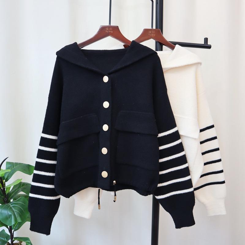Autumn and winter new hooded sweater jacket loose striped design sense knitted double-sided cardigan women