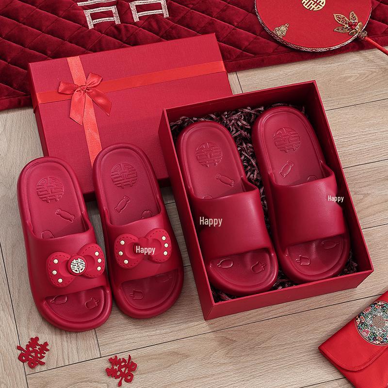 Festive Wine Red Bride Slippers: Luxurious, Comfy Summer Footwear