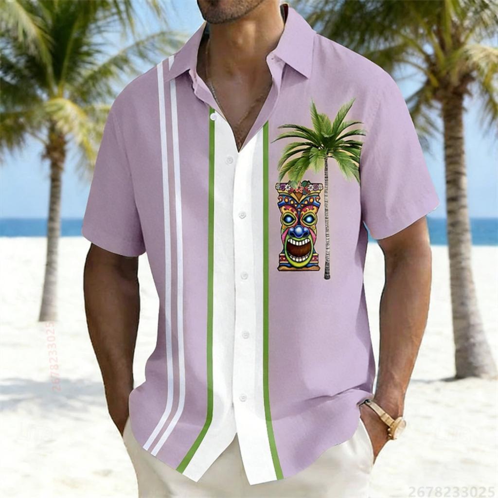 Men's color-blocked striped short-sleeved shirt, Hawaiian-style totem coconut tree print casual vacation top, Hawaiian shirt