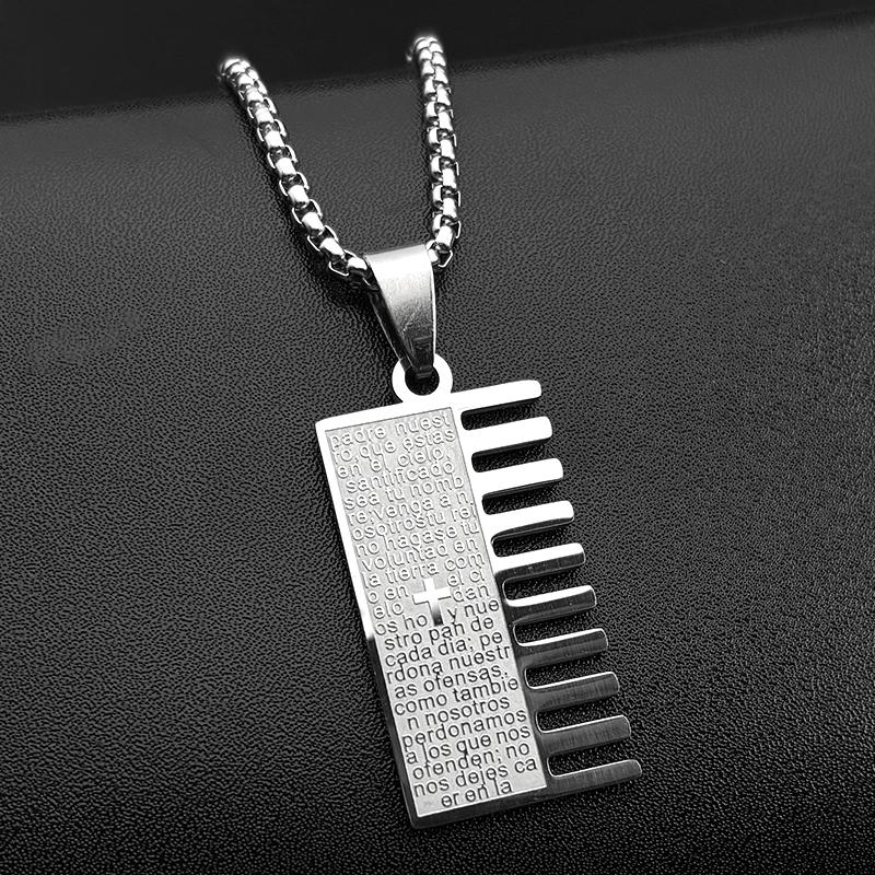 Spanish Lord s Prayer Bible Jesus Cross Pendant Necklace for Women Men Stainless Steel Christian Comb Shaped Medal Jewelry