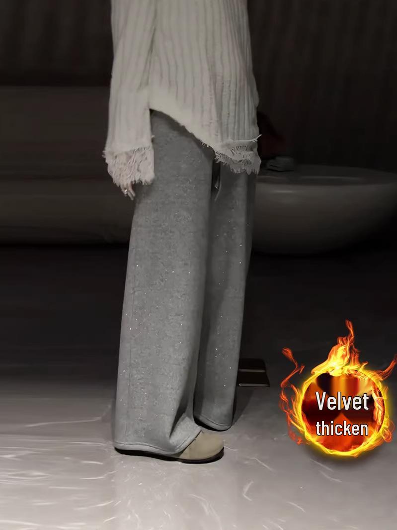 

2025 Grey Plus Velvet Woolen Wide-Leg Pants for Women, Plus Size, Slimming Fit for Pear-Shaped Figures 4XL