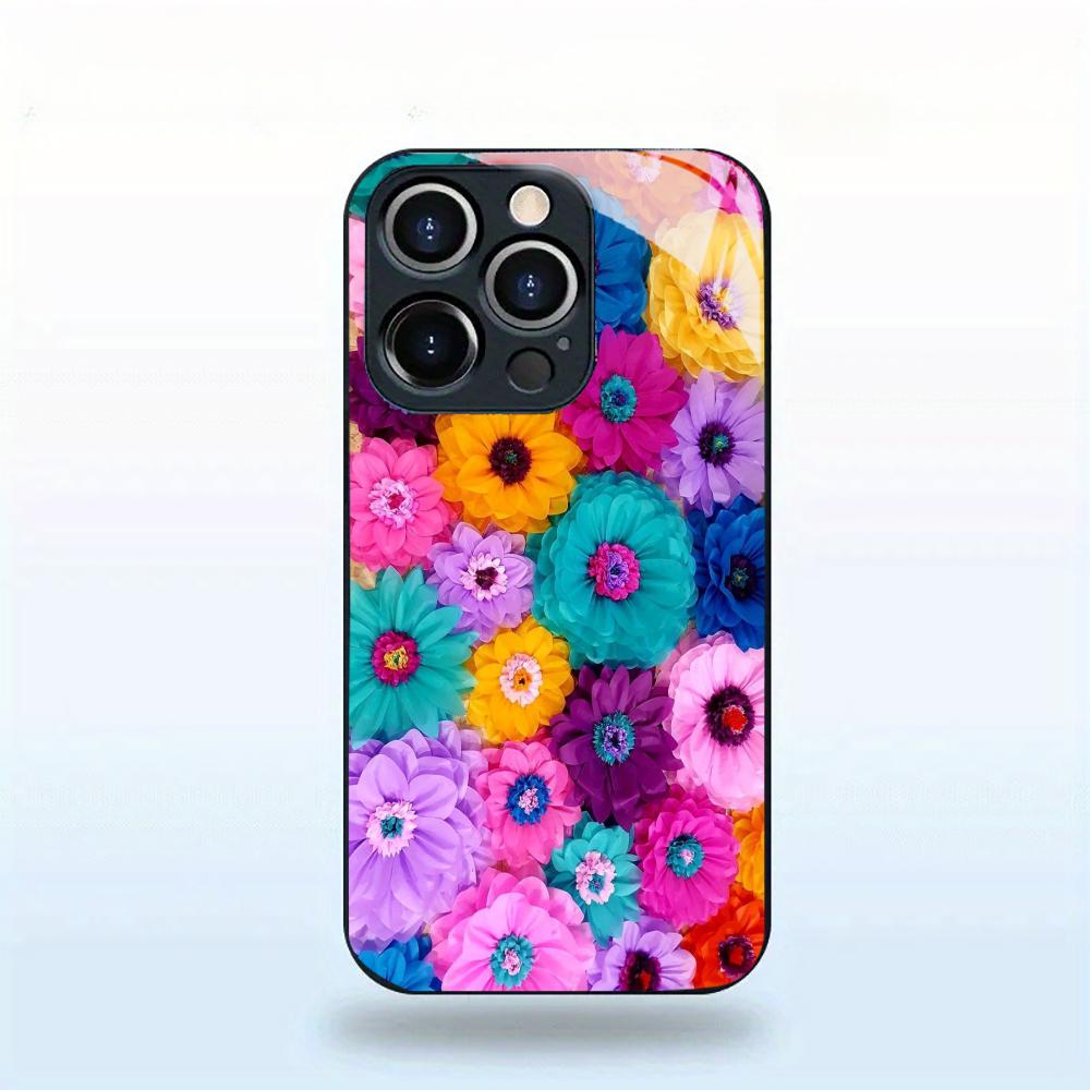 Colorful Floral Tempered Glass Phone Case For iPhone 17 16 15 Pro Max 14 13 12 Plus Shockproof Hard Cover Phone Shell Black