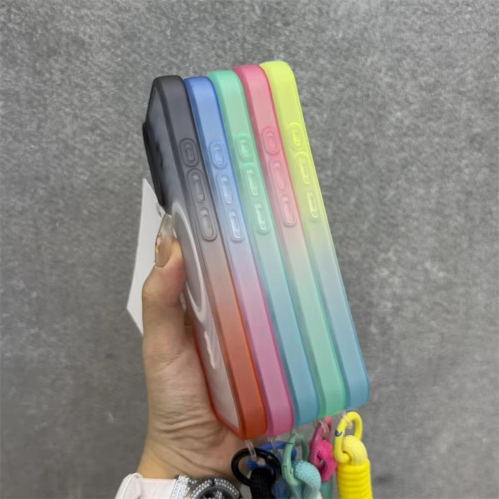 For Magsafe Magnetic Water Ripple Gradient Matte Translucent Phone Case with Wrist Strap For iPhone 16 Pro Max 15 14 13 12 Cover