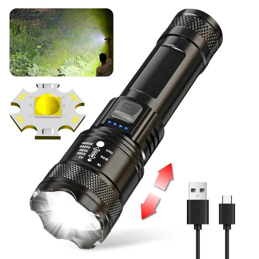 High Power 2000LM LED Flashlight Built-in Battery USB Rechargeable Strong Light Tactical Torch Outdoor Camping Hiking Lantern