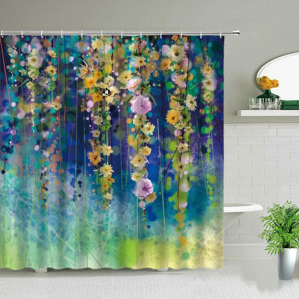 Flowers Plant Shower Curtains Beautiful Flower Purple Bathroom Decor Bathroom Screen Polyester Frabic Waterproof Cloth Curtains