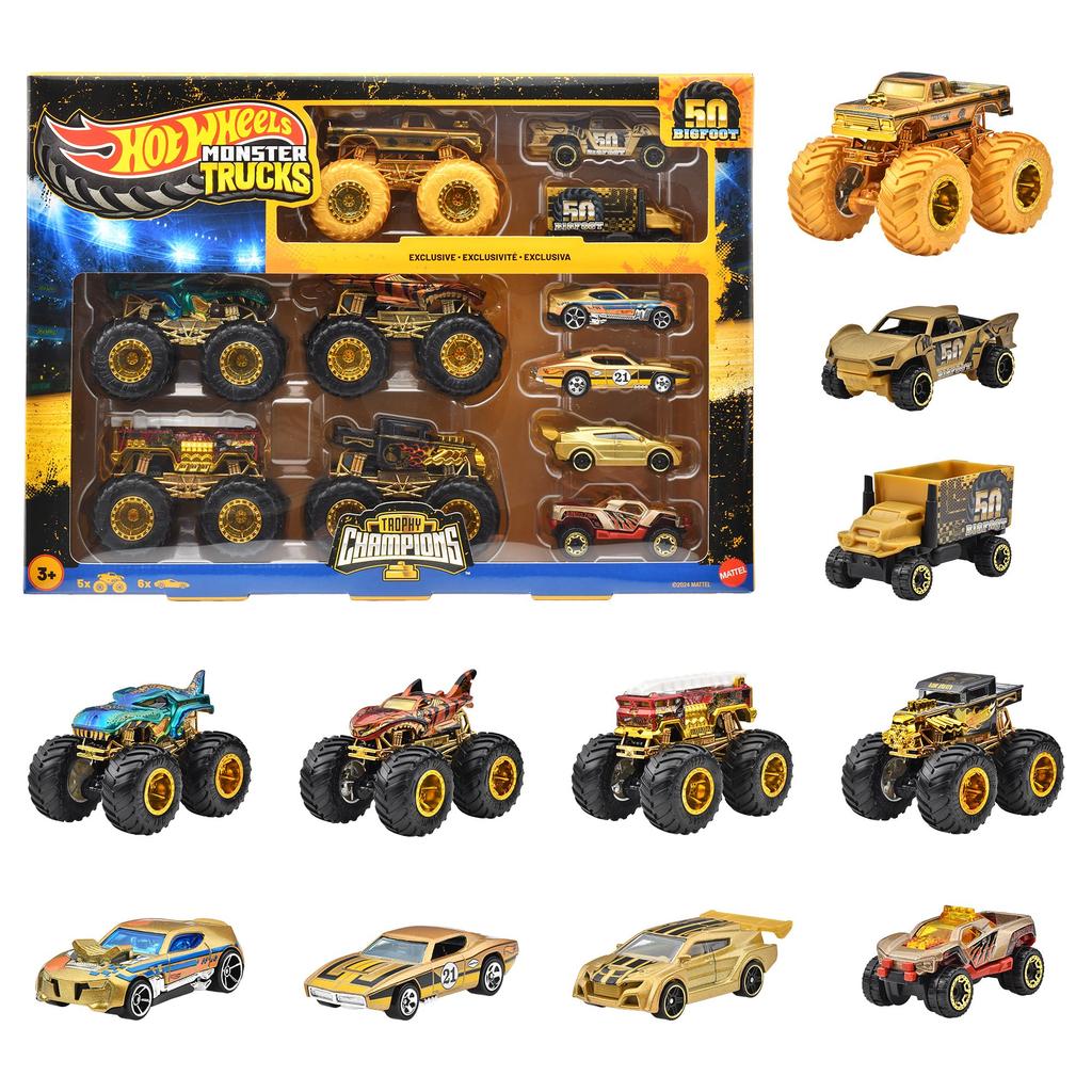 Hot Wheels Monster Truck Bigfoot Trophy Champion Collection Includes 5 Monster Trucks and 6 Miniature Cars Vehicles Ages 3 and Gold Set (11 Total).