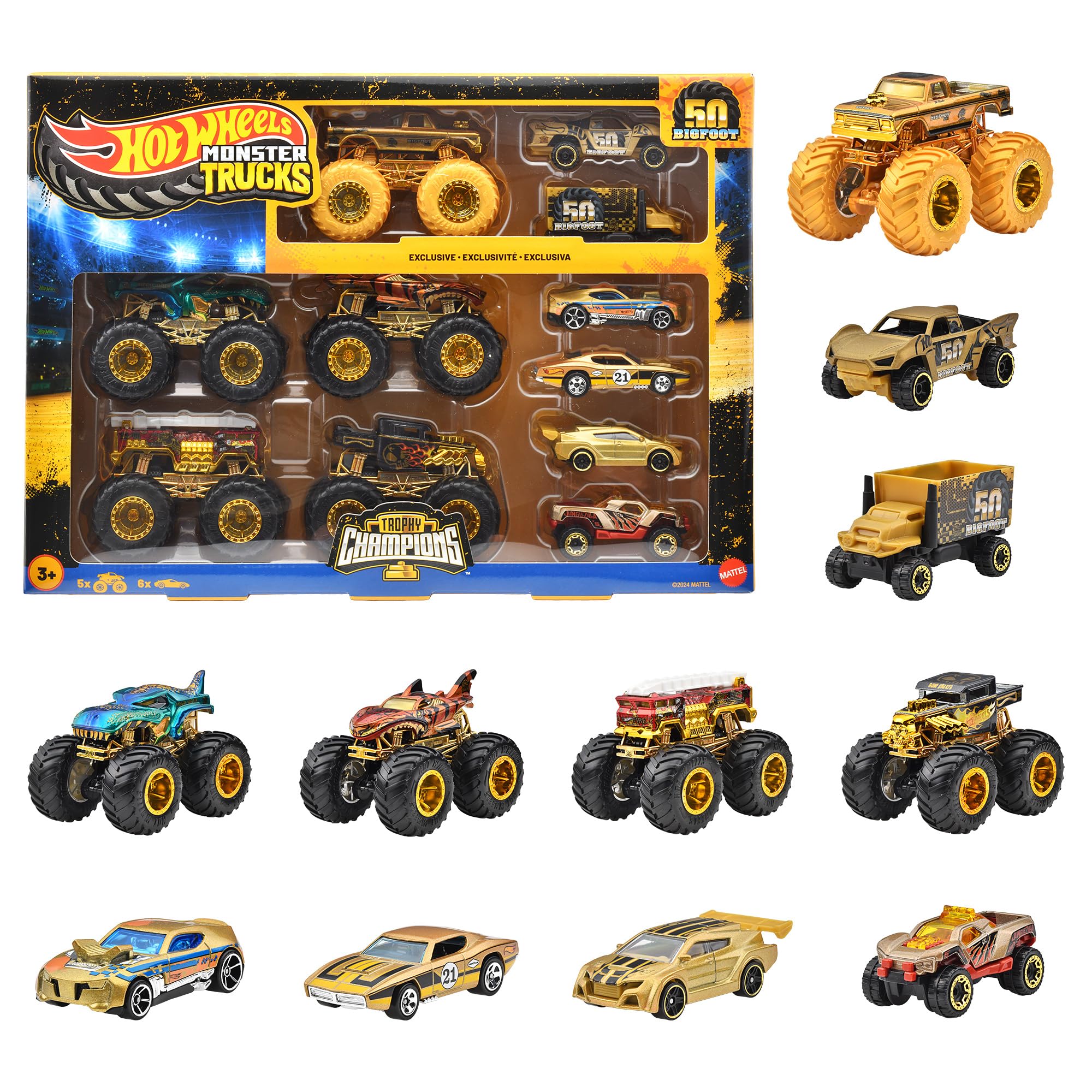 

Hot Wheels Monster Truck Bigfoot Коллекционный набор Чемпионский трофей Игрушки-машинки 5 Монстр-траков 6 Мини-машинок Всего 11 Машинок Возраст 3 года и старше Золотой золотой