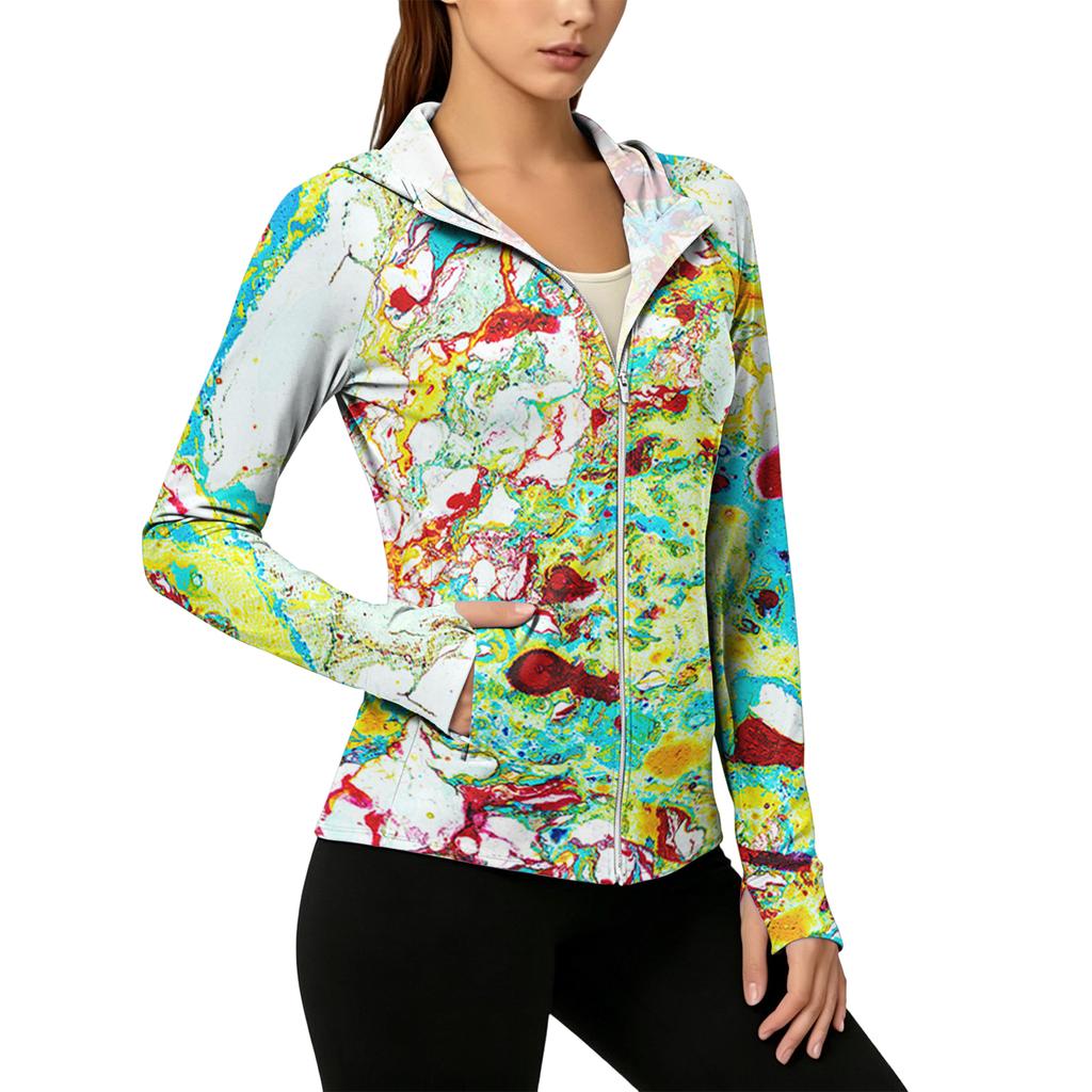 Sudadera Ligera con Cremallera para Mujer con Capucha y Bolsillos Manga Larga Chaqueta de Protección Solar Estampado Tie-Dye Ropa Exterior Informal