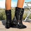 Punk Style Buckle Strap Motorcycle Boots Women Pointed Toe Chunky Heel Mid Calf Boots Woman Retro Pu Leather Knight Botas Mujer