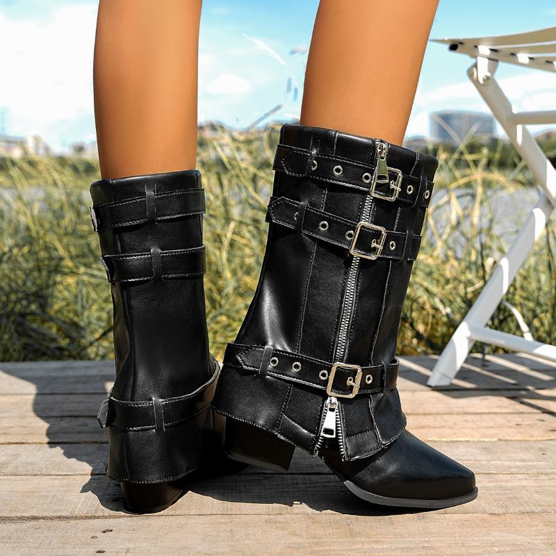 Punk Style Buckle Strap Motorcycle Boots Women Pointed Toe Chunky Heel Mid Calf Boots Woman Retro Pu Leather Knight Botas Mujer