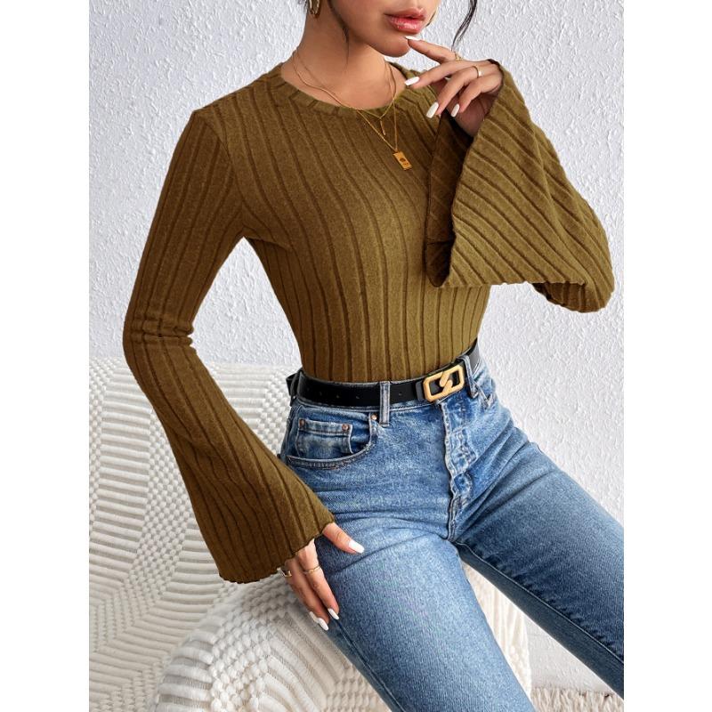 Women S Solid Slim Fit Sweater Round Neck Flared Sleeve Autumn Casual