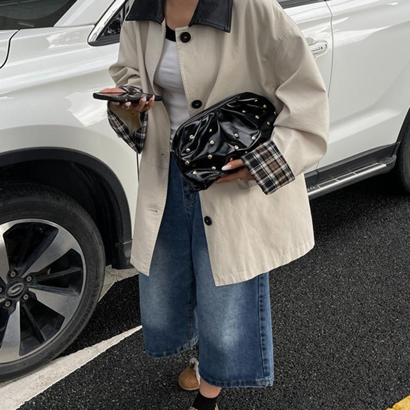 Yogodlns Simple Versatile Clip Evening Handbags for Women Solid Color Rivet Pleated Design Ladies Clutch Female Soft Pu Leather Purse